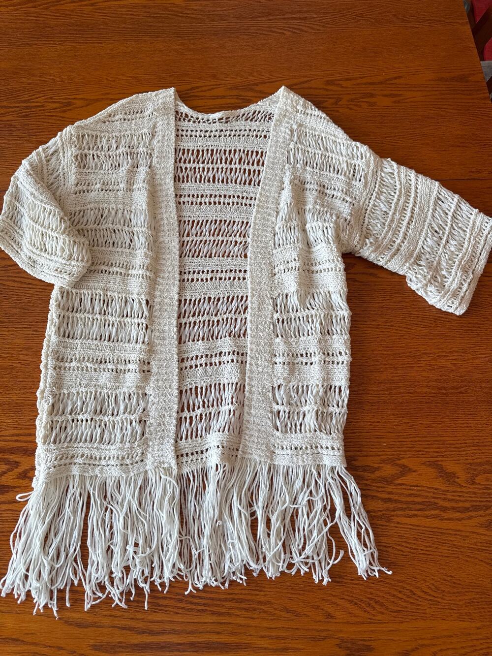 Boho Crochet Fringe Open Front Cardigan Kimono White S M Festival Swim Cover Up